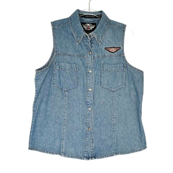 Harley Davidson Denim Jean Vest Womens Size Large Logo Buttons Biker Cut - Picture 1 of 13
